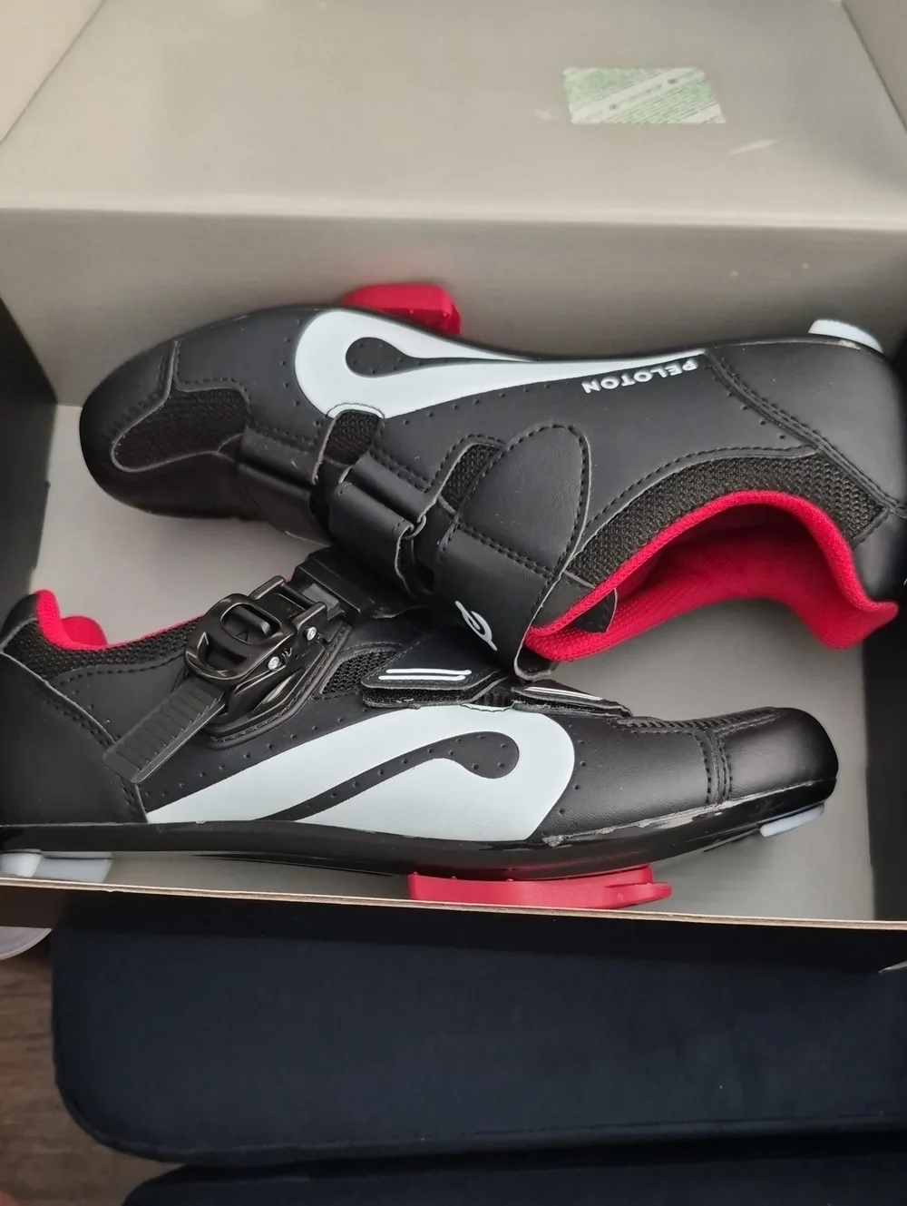 Peloton Women’s Black Cycling Shoe with Red Interior and White Accent